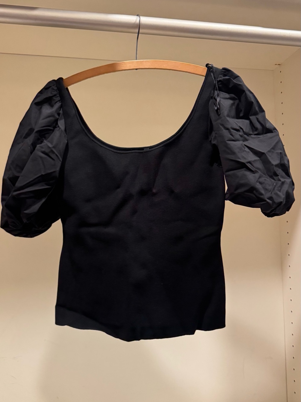 Black Puff-Sleeve Scoop Neck Women's Top
